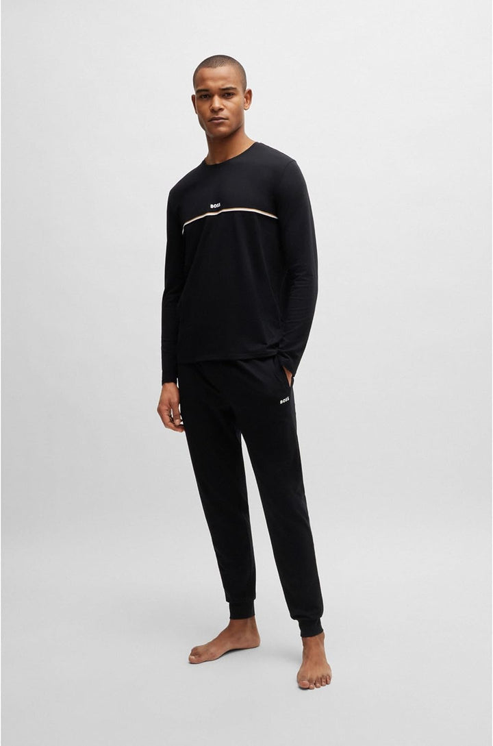 BOSS Herren Unique LS-Shirt Pyjama-Shirt aus Stretch-Baumwolle mit Signature-Streifen und Logo L Bla