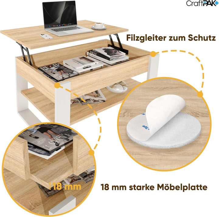 Couchtisch höhenverstellbar mit Stauraum - Couchtische - Wohnzimmertisch klappbar - höhenverstellbar
