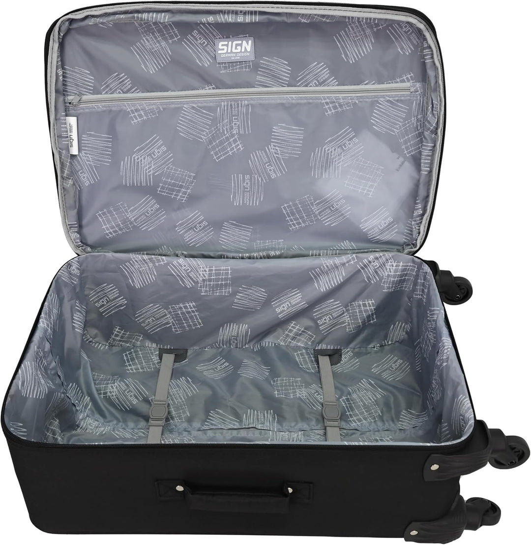 SIGN Stoffkoffer Reisekoffer Trolley (Handgepäck-Mittel-Gross-Set) + 5cm Dehnungsfuge (Schwarz, 3er