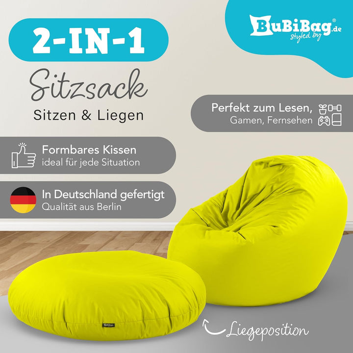 BuBiBag 2in1 Sitzsack L - XXL mit Füllung für Kinder &amp; Erwachsene, Gaming Beanbag &amp; Bodenkissen für
