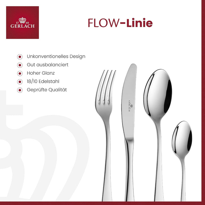 Gerlach Flow Besteck-Set 6 Personen Spülmaschinenfest Essbesteck Besteck aus Edelstahl Messer Gabel