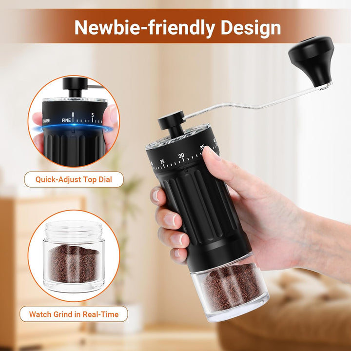 Kaffeemühle Manuell mit Keramischem Mahlwerk, 40 Präzise Einstellbare Mahlgrade für French Press, Po