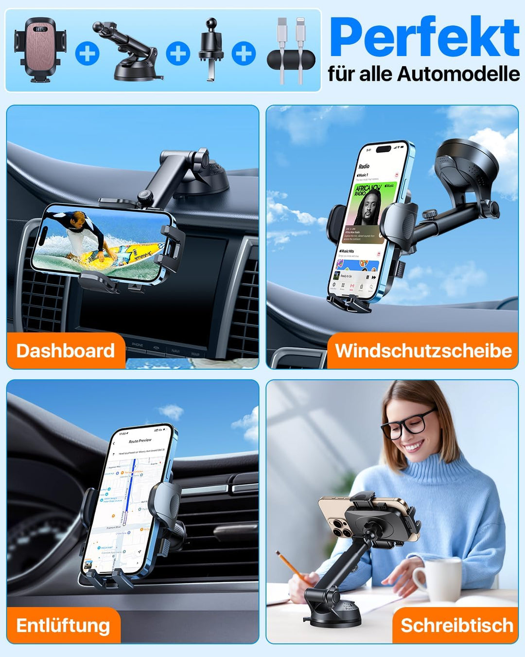 HTU 2026【Militär-Klasse】 Handyhalterung Auto【Stärkste Saugnapf & Lüftung】 Handy Halterung Auto 360°