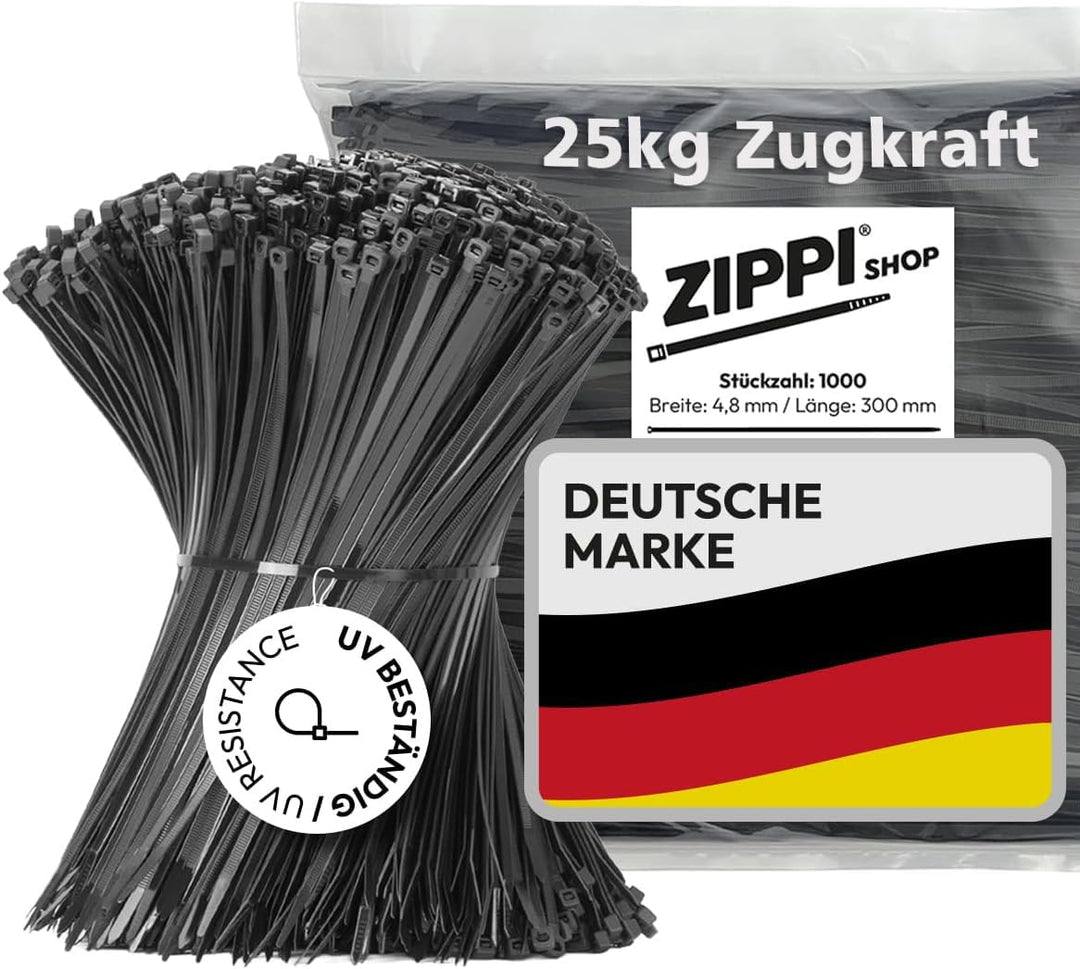 Kabelbinder 300mm Schwarz (1000 Stück) | 300mm x 4,8mm - 25kg Zugkraft | Kabelbinder uv beständig |
