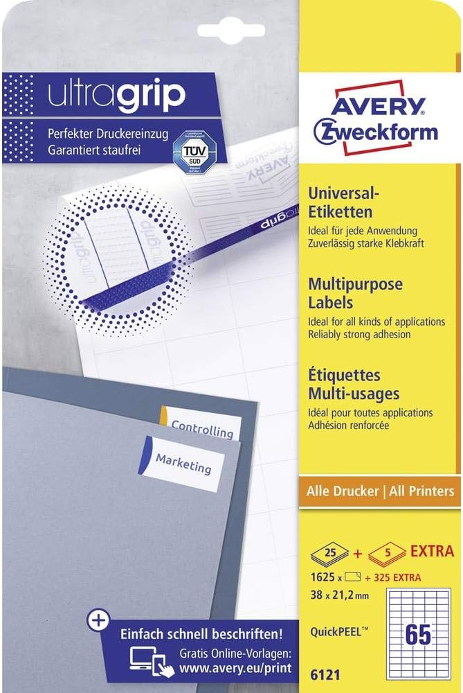 AVERY Zweckform 6121 Universal Etiketten (1.625 plus 325 Klebeetiketten extra, 38x21,2mm auf A4, Pap