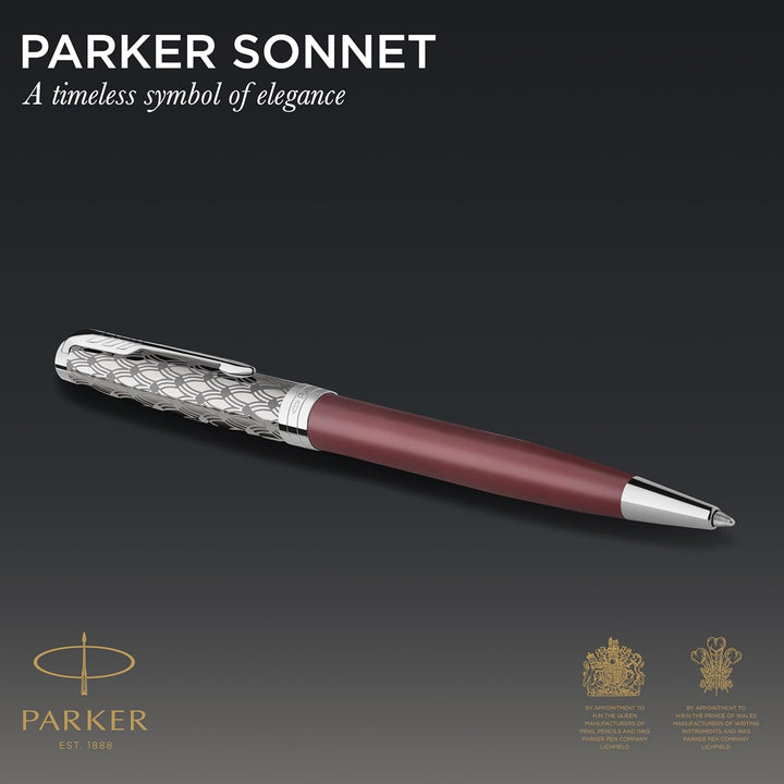 PARKER Sonnet Kugelschreiber | Premium Metal & Red Satinierung mit Chromverkleidung | Medium Spitze
