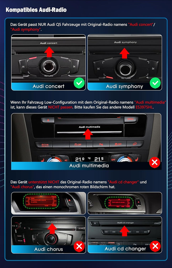 Erisin 8.8" Qualcomm 8-Kern 4GB+64GB Android 14 Autoradio GPS Navi für Audi Q5 (2009-2016) Unterstüt
