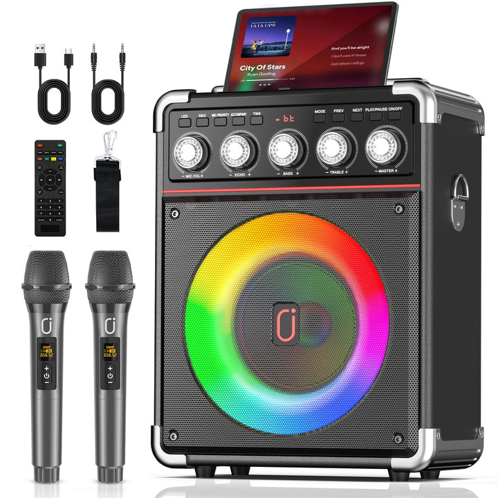 JYX Karaoke Maschine mit 2 drahtlosen Mikrofones, Tragbaren Karaoke Anlage Lautsprecher mit RGB-Lich