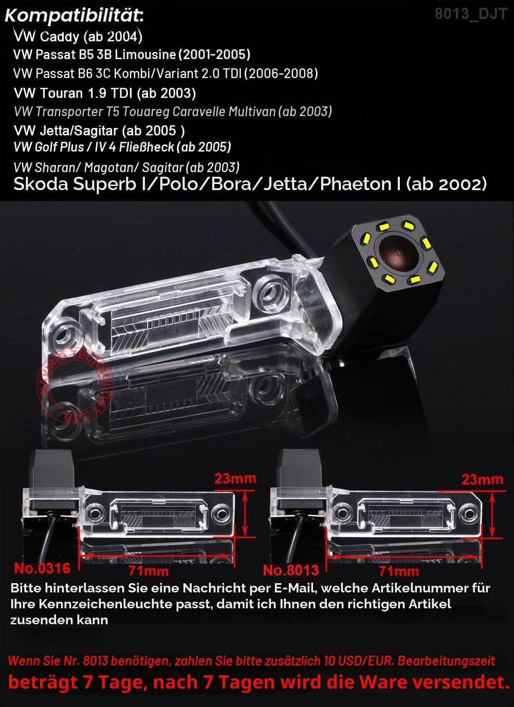 Dynavsal 8 LEDs Nacht Visionen Auto Rückfahrkamera,170 ° Weitwinkel HD Farbe Wasserdichte Rückfahrka