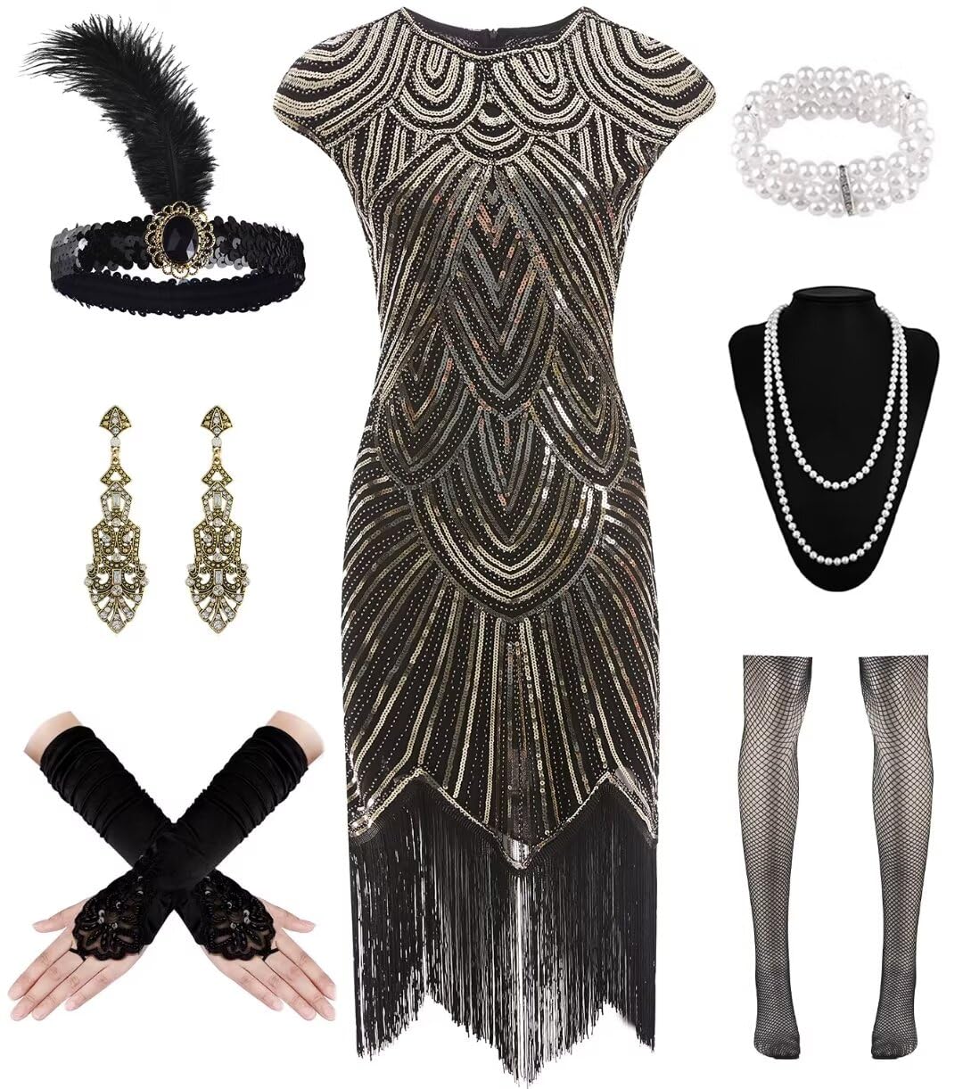 WILDPARTY 20er Jahre Kostüm Damen Charleston Kleid, Flapper Kleid mit Pailletten Perlen Fransen Netz