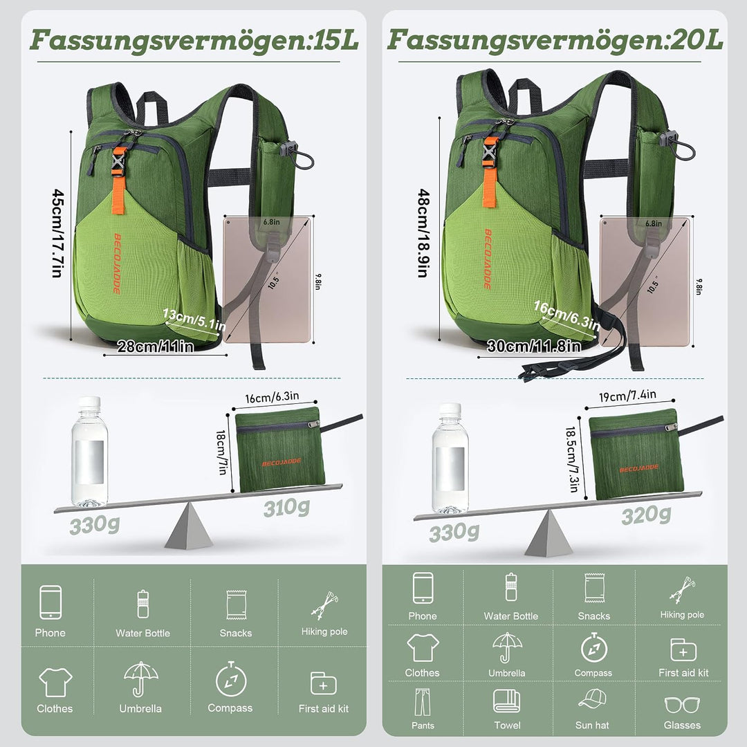 BECOJADDE 15L Wanderrucksack Herren Kleiner Rucksack Damen Leichter Daypack Tagesrucksack Faltbarer