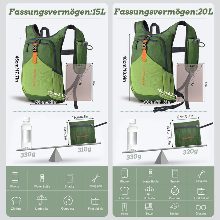 BECOJADDE 15L Wanderrucksack Herren Kleiner Rucksack Damen Leichter Daypack Tagesrucksack Faltbarer