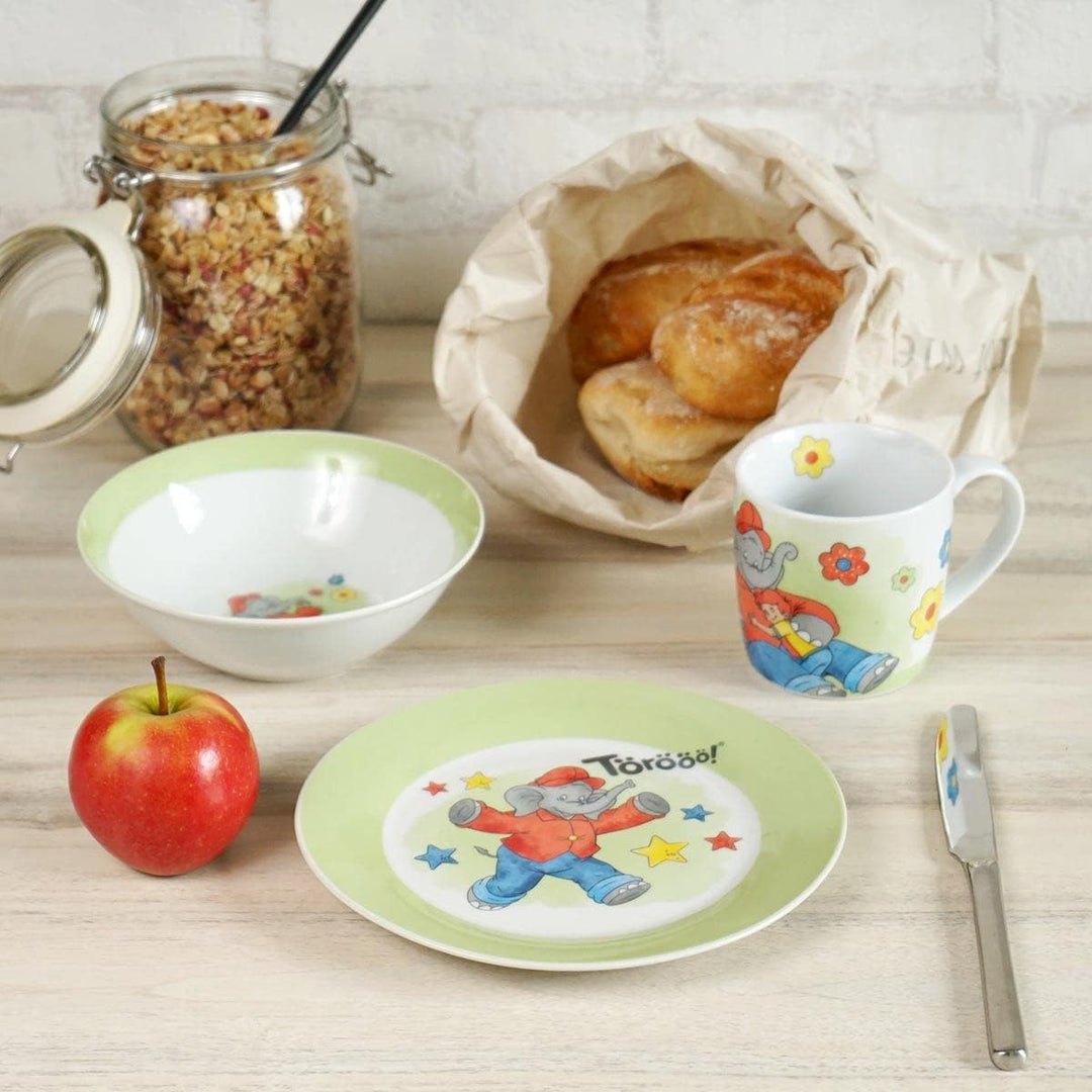 Kindergeschirr Benjamin Blümchen Watercolor 3teilig, Porzellan, Geschirrset, Geschirr, Teller, Tasse