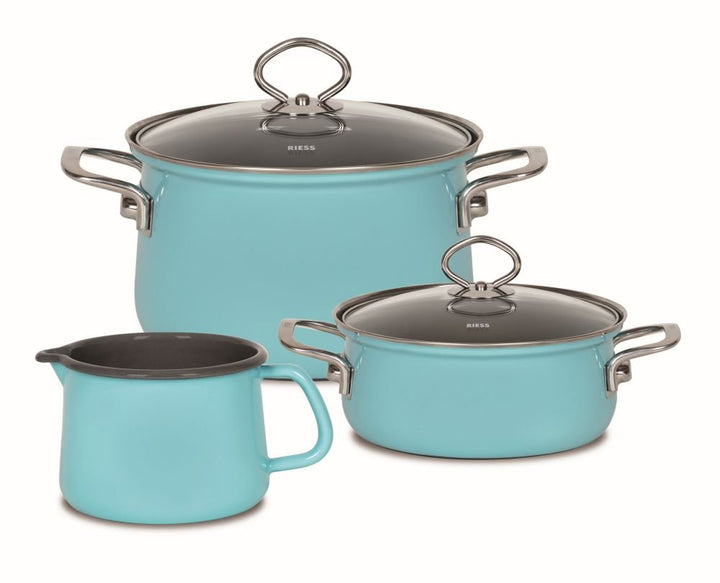 Riess, 0520-037, Starter-Set, Kochtopf-Set, NOUVELLE KRISTALLBLAU, 3-teilig, Fleischtopf 20 cm, Kass