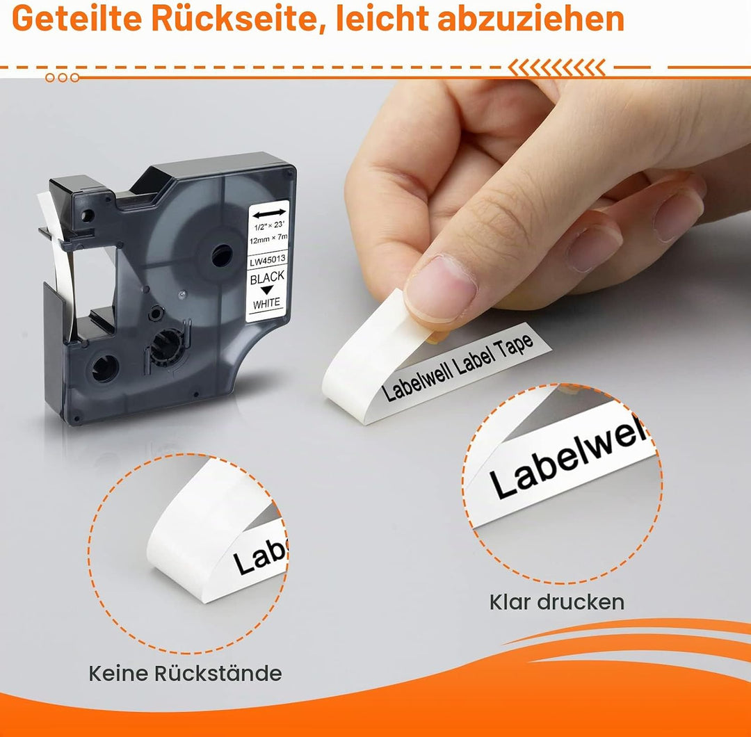 5x Labelwell 12mm x 7m Kompatibel Schriftband Ersatz für Dymo D1 45013 45013s S0720530 Schwarz auf W