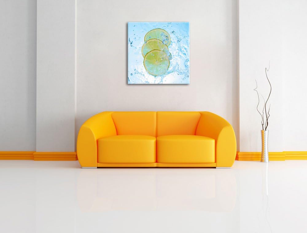 Zitrone fällt ins Wasser, Format: 70x70 auf Leinwand, XXL riesige Bilder fertig gerahmt mit Keilrahm