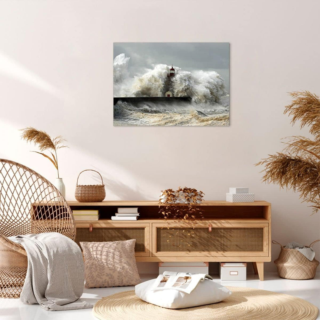 ARTTOR Bilder auf Leinwand Leuchtturm Ozean Sturm Leinwandbild 70x50cm Wandbilder Dekoration Wohnzim