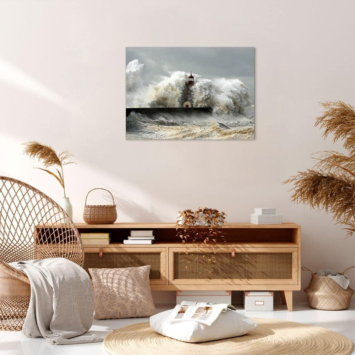 ARTTOR Bilder auf Leinwand Leuchtturm Ozean Sturm Leinwandbild 70x50cm Wandbilder Dekoration Wohnzim