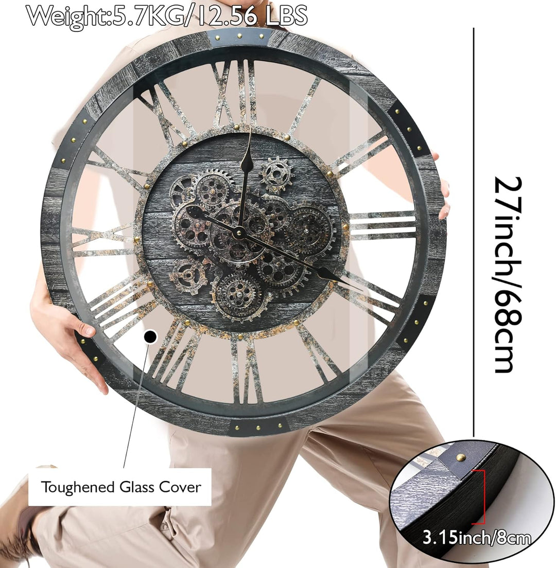DORBOKER 68CM Grosse Vintage Wanduhr mit Beweglichen Zahnrädern, Retro Holz Gehärtete HD-Glasabdecku