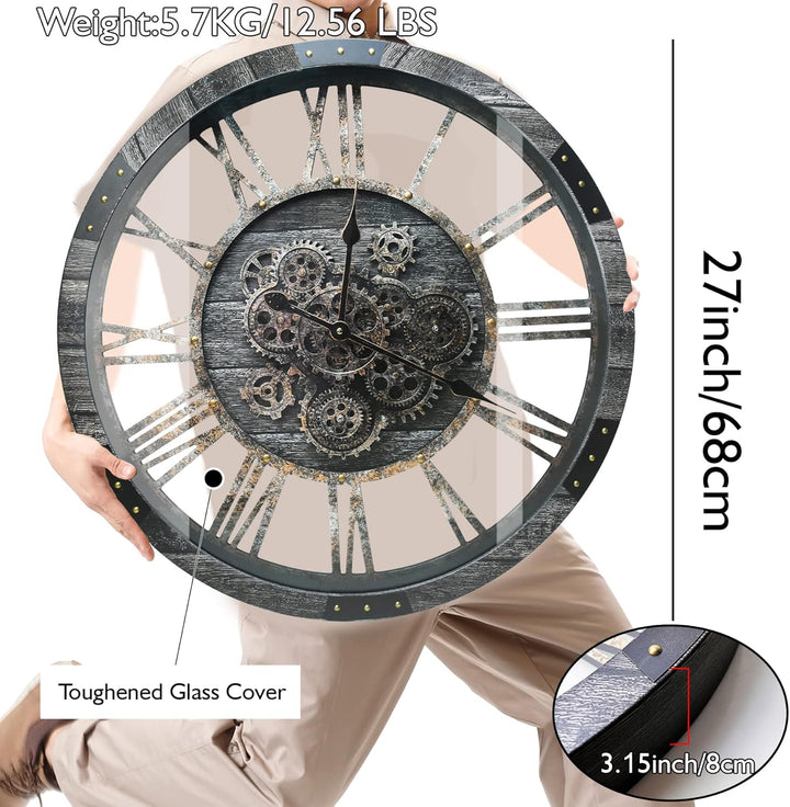DORBOKER 68CM Grosse Vintage Wanduhr mit Beweglichen Zahnrädern, Retro Holz Gehärtete HD-Glasabdecku