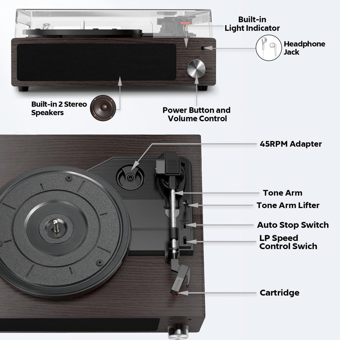 FYDEE Plattenspieler, Bluetooth 5.4 Schallplattenspieler mit Einstellbarer Auflagekraft, 2x3W Stereo