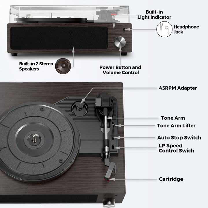 FYDEE Plattenspieler, Bluetooth 5.4 Schallplattenspieler mit Einstellbarer Auflagekraft, 2x3W Stereo