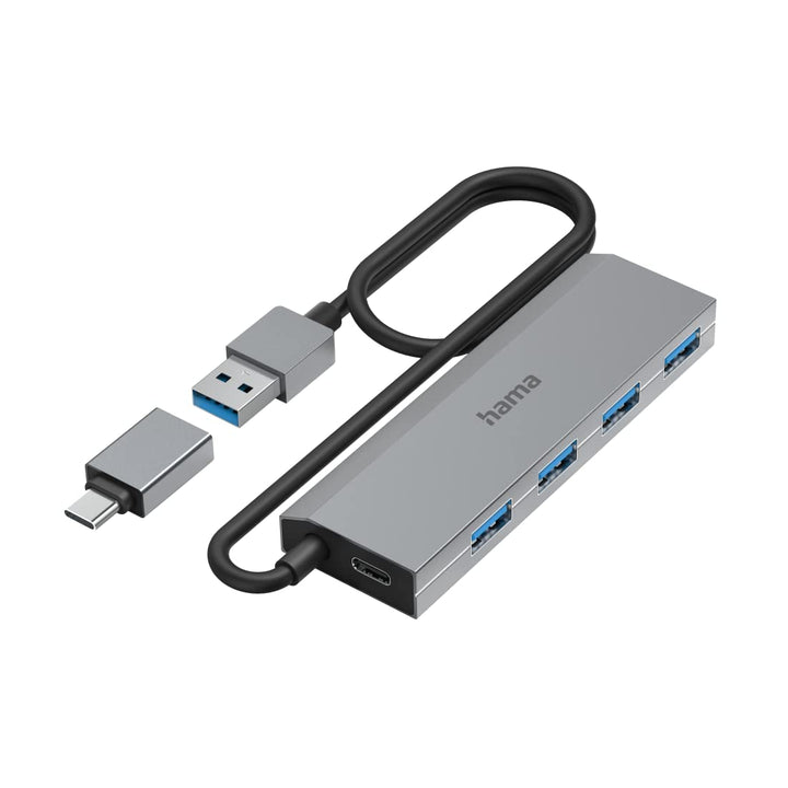Hama USB-Hub 4 Ports (USB-A und USB-C-Anschluss, mit Netzteil, 4x USB-A für Maus, Tastatur, externe