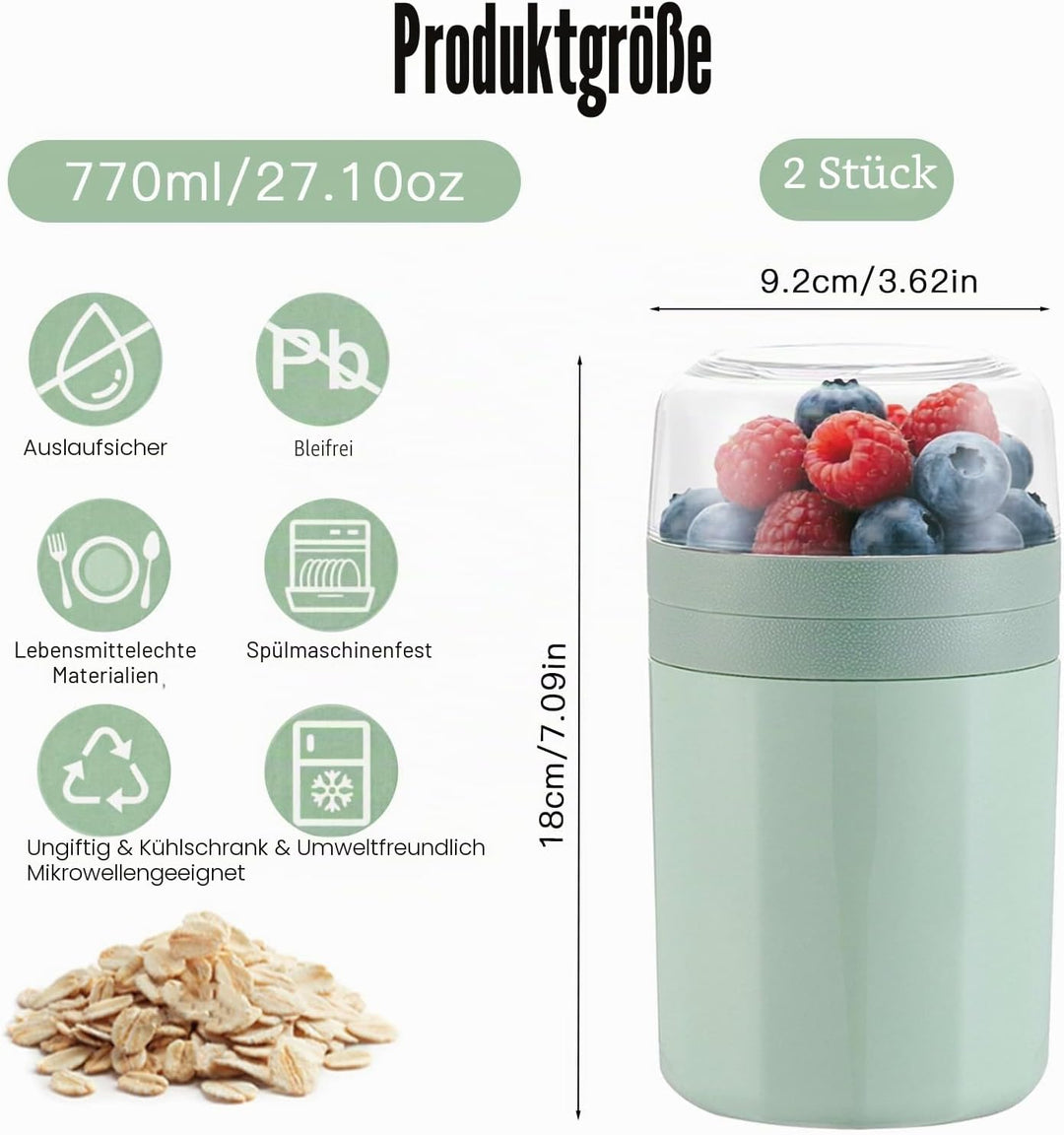 2 Stück Müslibecher To Go 850 ml- Auslaufsicherer Joghurtbecher To Go mit Löffel und Deckel - Müsli