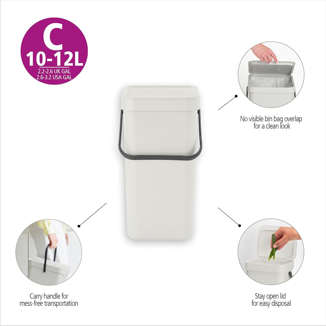 Brabantia Sort & Go Küchen-Recyclingbehälter (12 l/grau), stapelbarer Abfallbehälter mit Griff und a