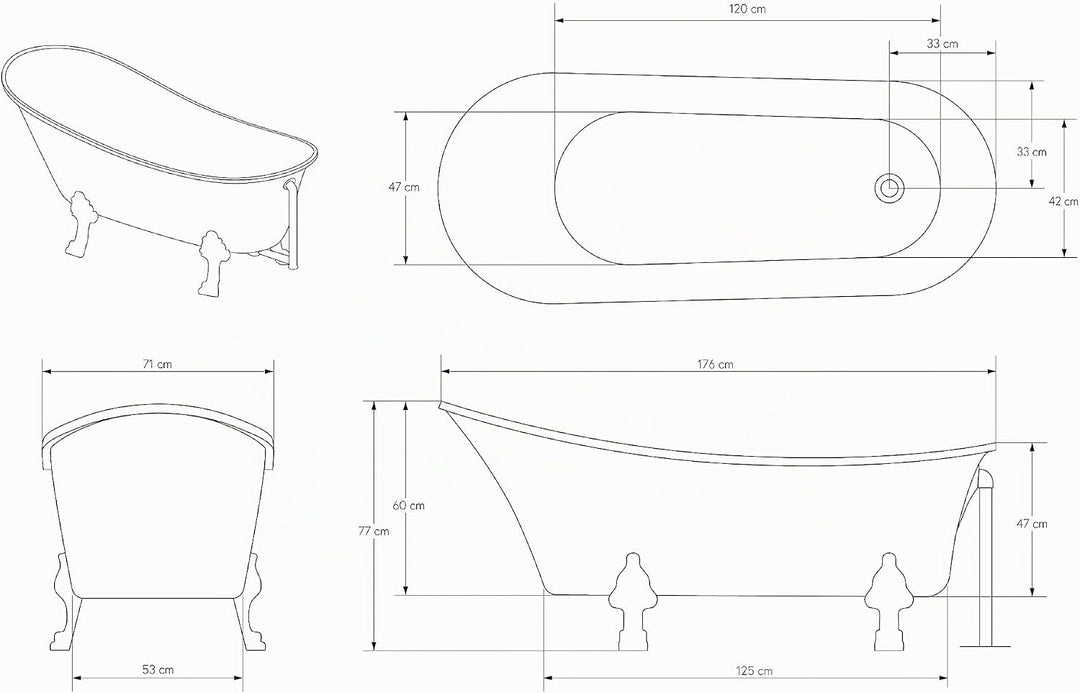 Freistehende Badewanne PARIS Acryl - 176 x 71 cm - Schwarz glänzend - Metallfüsse &amp; Standarmatur wäh