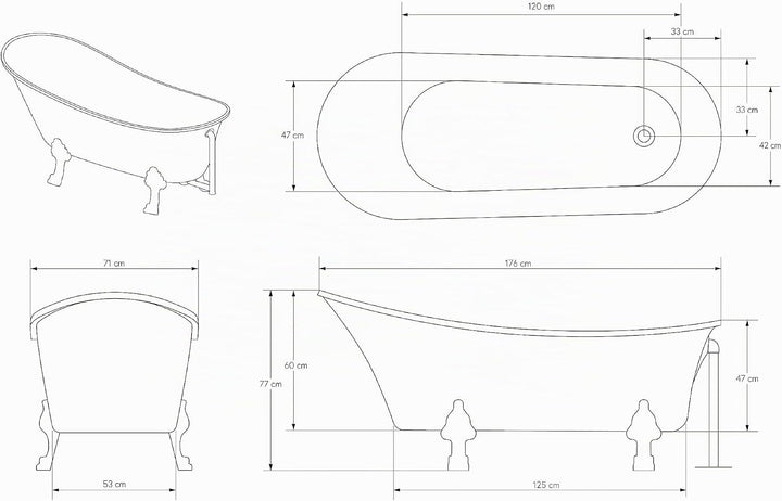 Freistehende Badewanne PARIS Acryl - 176 x 71 cm - Schwarz glänzend - Metallfüsse &amp; Standarmatur wäh