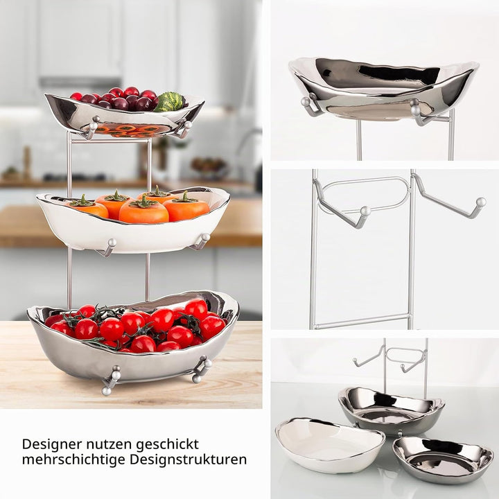 XUDREZ Obst Etagere mit 3 Etagen Obstschalen aus Keramik, Platzsparendes Obstkorb Etagere für die Fa