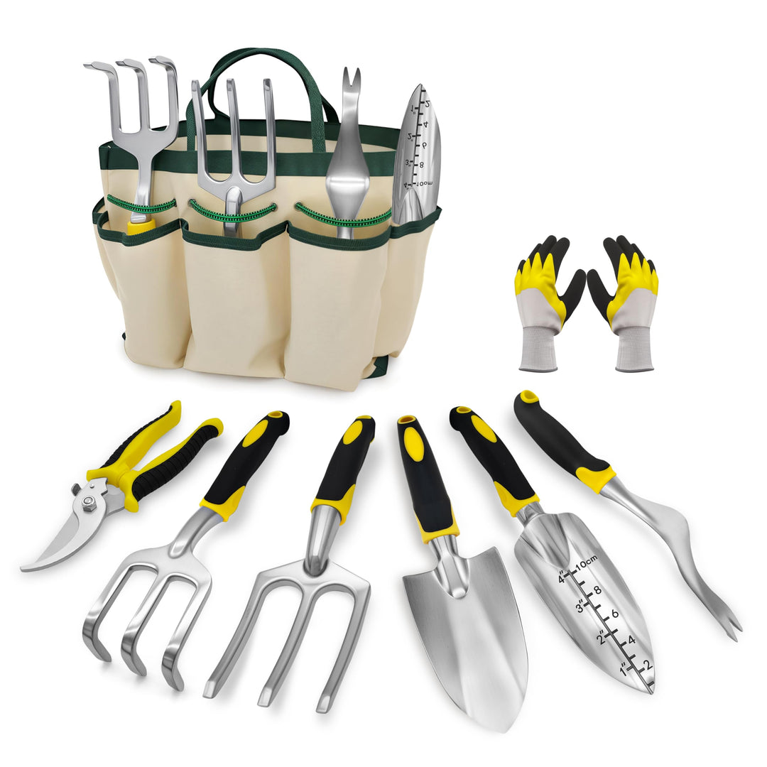 QRD Gartengeräte Set 8 in 1 Gartenwerkzeug mit Aufbewahrungstasche Gartenschaufel mit Gummigriff Gar