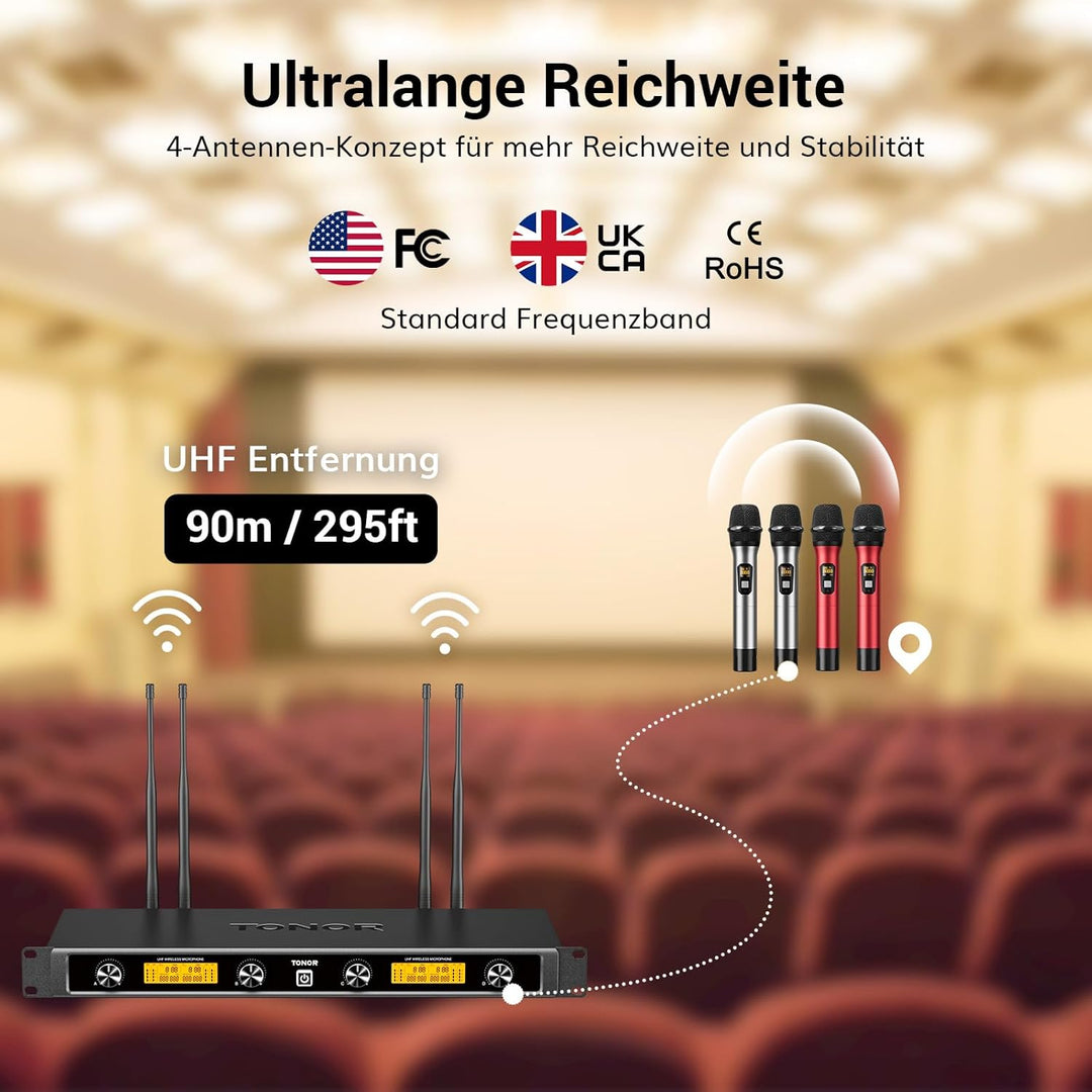 TONOR UHF Funkmikrofon Set, professionelles dynamisches Drahtlos-4er-Mikrofonsystem mit 4 Handmikrof
