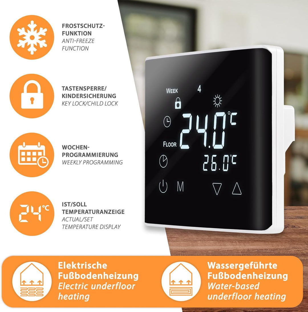 Modernes und elegantes Touchscreen Thermostat mit Programmiermöglichkeiten und inklusive Bodenfühler