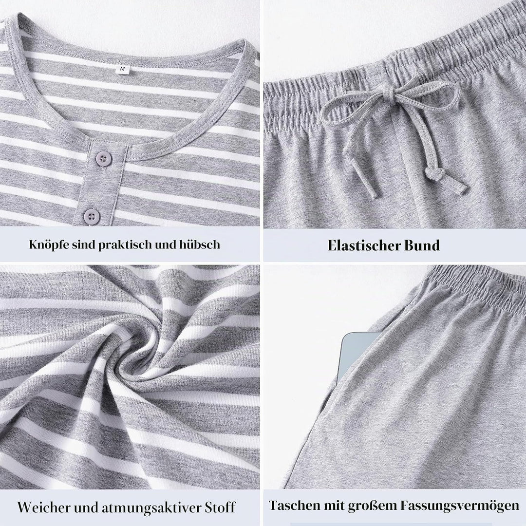 Schlafanzug Herren Kurz aus Baumwolle mit Kontraststreifen Design, Sommer Pyjama Set Oberteile und K