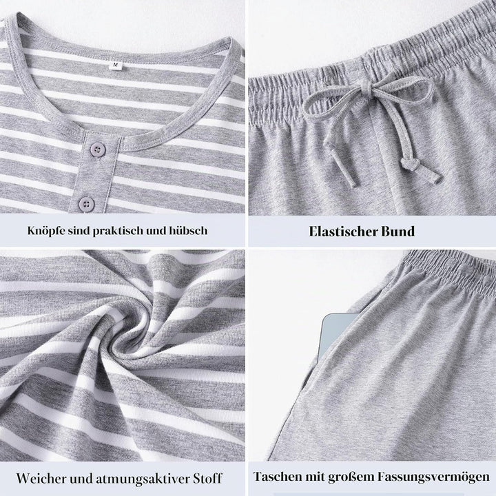 Schlafanzug Herren Kurz aus Baumwolle mit Kontraststreifen Design, Sommer Pyjama Set Oberteile und K