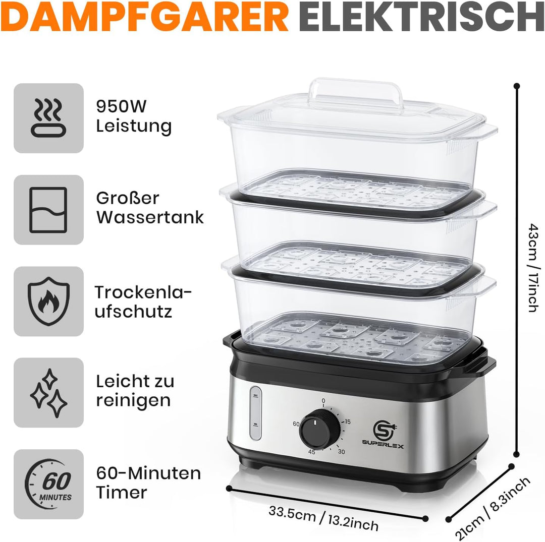 Dampfgarer Elektrisch 950W 3 Schichten 9L Kapazität Mit 60 Min Timer Antihaft Heizplatte Spülmaschin