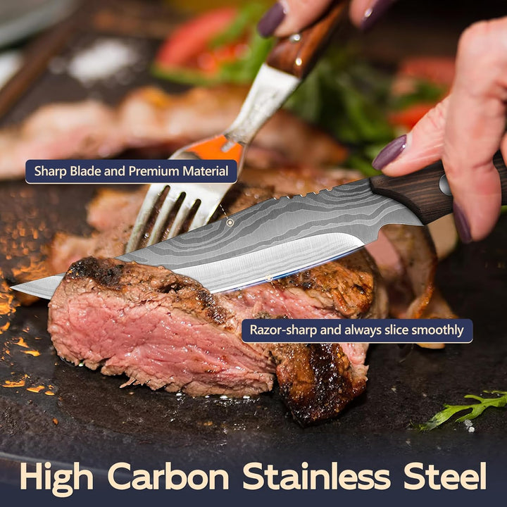 Dragon Creek Holzgriff Steakmesser Set, Steakmesser 4-teilig Edelstahl, Steakbesteck für Heim und Re