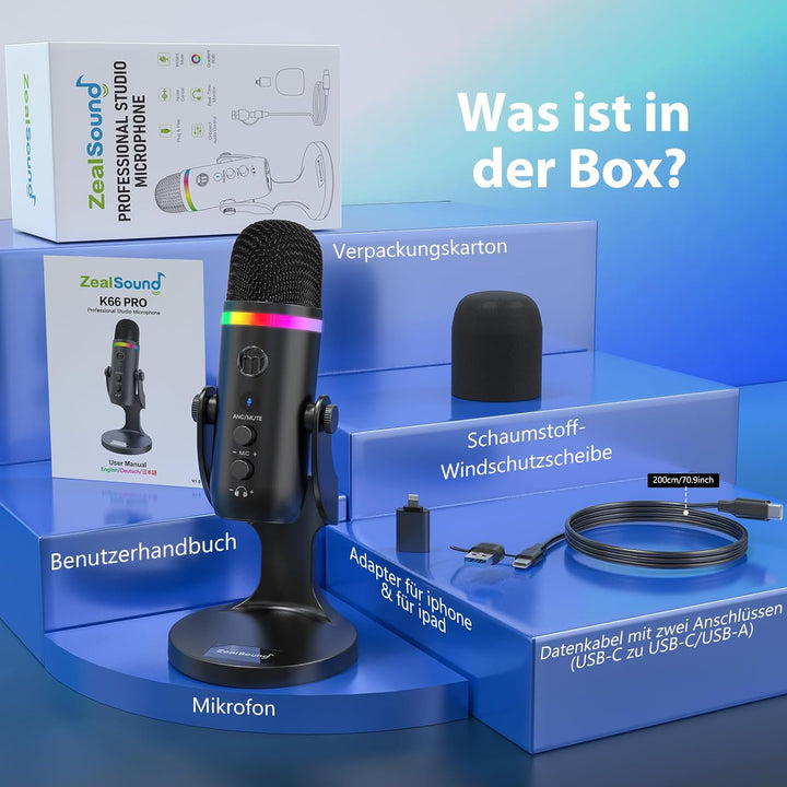 zealsound USB Mikrofon für PC iPhone, Plug & Play RGB Podcast Mikrofon mit Rauschunterdrückung & Stu