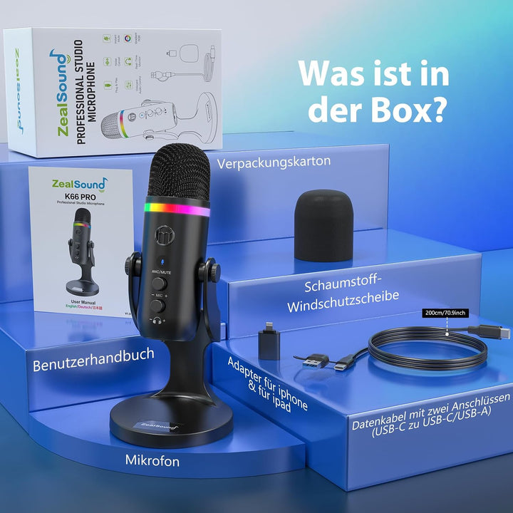 zealsound USB Gaming Mikrofon, RGB-Tischmikrofon für PC &amp; iPhone Handy, Rauschunterdrückung &amp; Schnel
