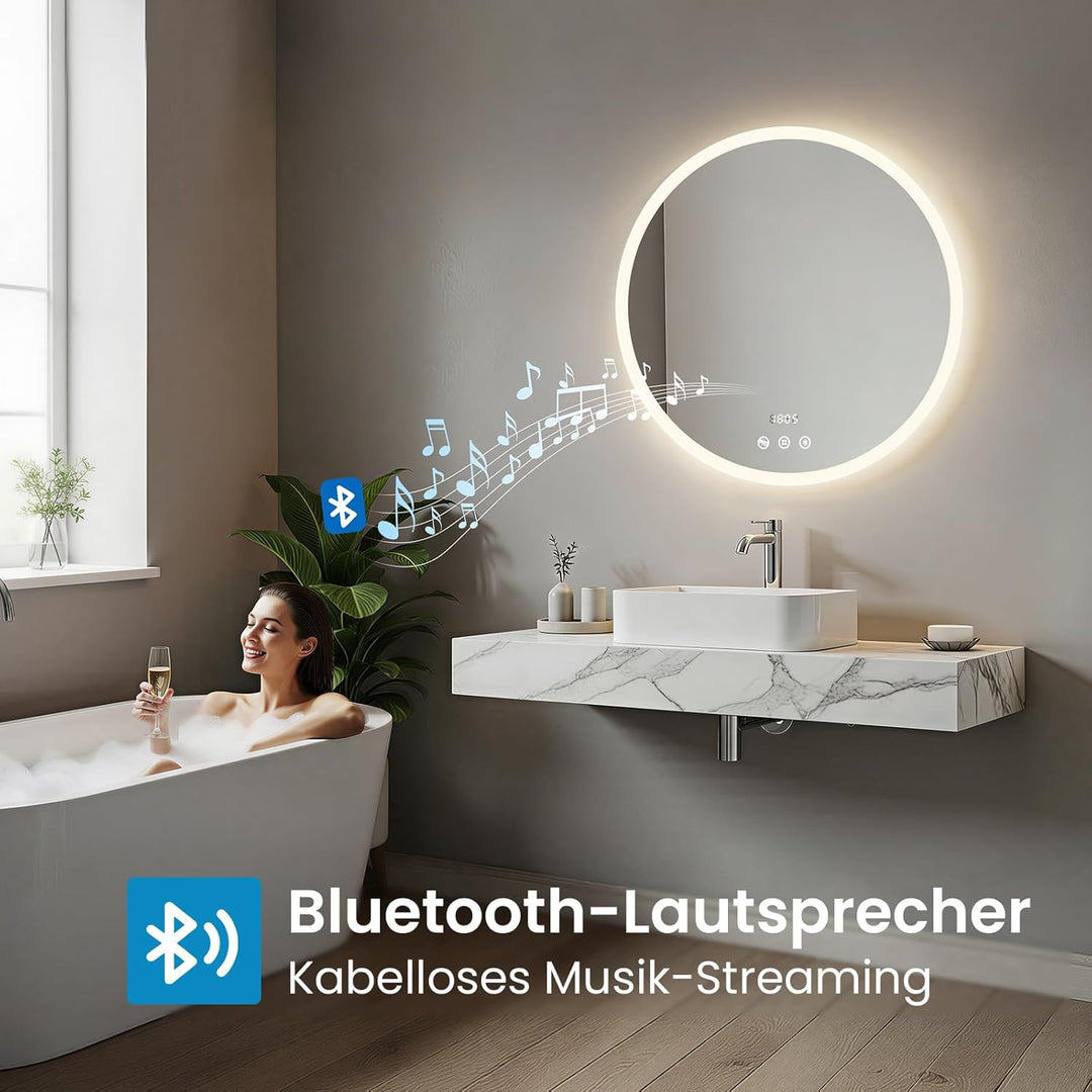 Heilmetz LED Badspiegel Rund 60cm mit Bluetooth Lautsprecher & Acrylrahmen, Badezimmerspiegel mit Be
