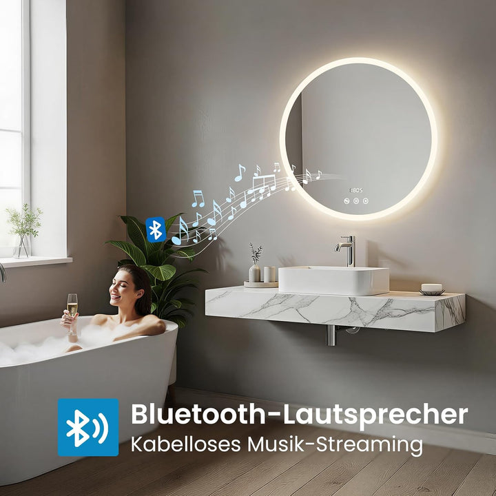 Heilmetz LED Badspiegel Rund 60cm mit Bluetooth Lautsprecher & Acrylrahmen, Badezimmerspiegel mit Be