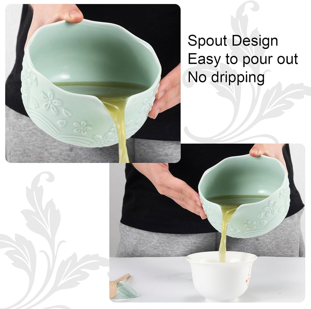 7PCS Matcha Set，500ML Ceramic Matcha Bowl with Spout，Matcha Broom and Holder, Bamboo Scoop, Stainles