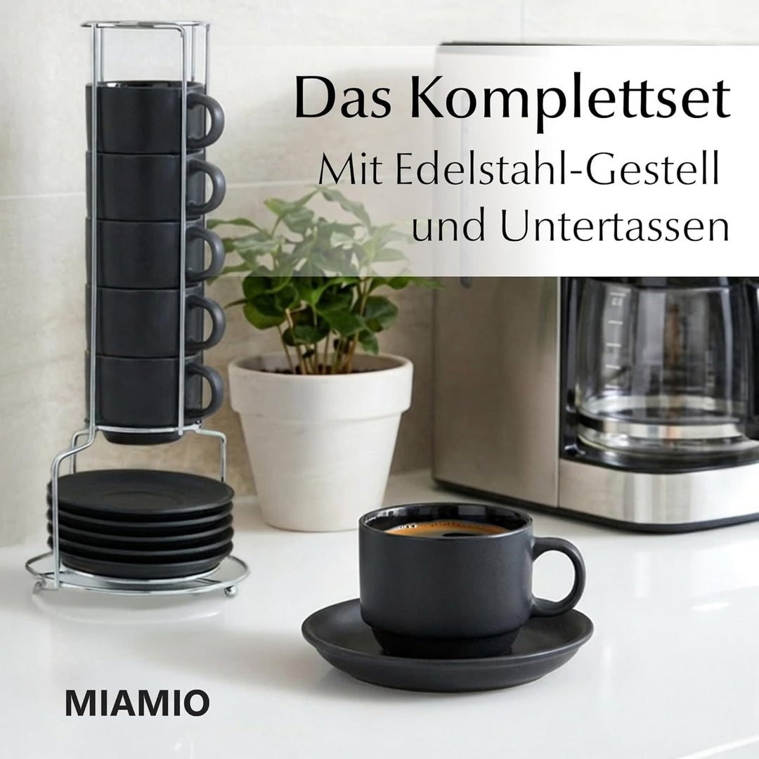 MIAMIO - 6 x 75 ml Espressotassen Set/Espresso Tassen Set mit Untertasse & Ständer - Kaffeetassen Se