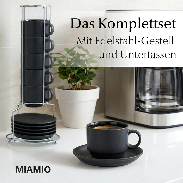 MIAMIO - 6 x 75 ml Espressotassen Set/Espresso Tassen Set mit Untertasse & Ständer - Kaffeetassen Se