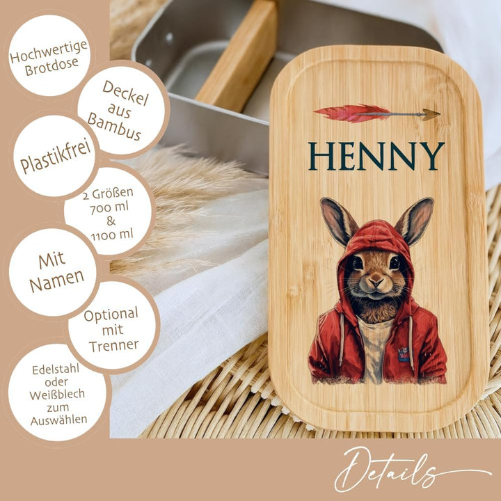 Manufaktur Liebevoll - Personalisierte Brotdose mit Fächern, Edelstahl Lunchbox mit Bambus Deckel u.