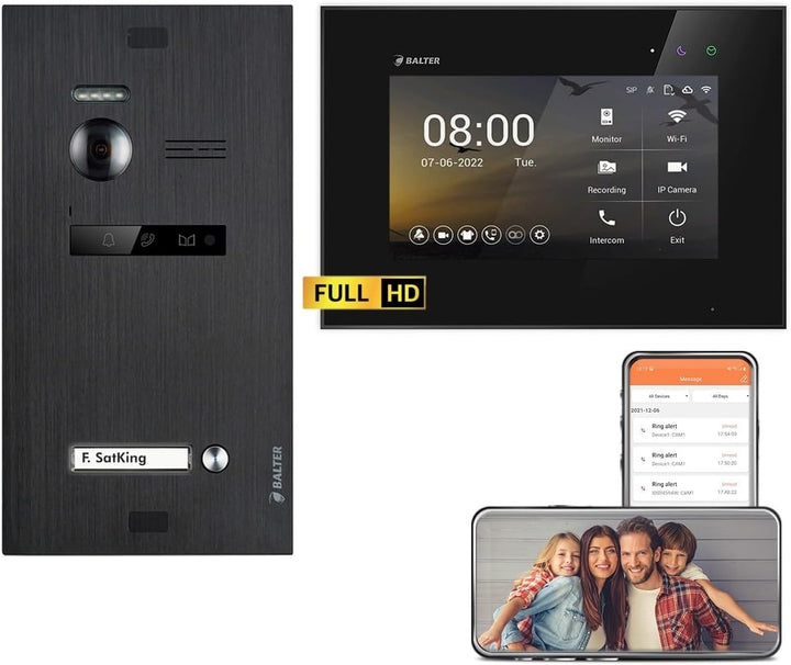 Balter EVO HD Schwarz/Schwarz WiFi Video Türsprechanlage Set für 1 Familienhaus - 1x Türstation mit