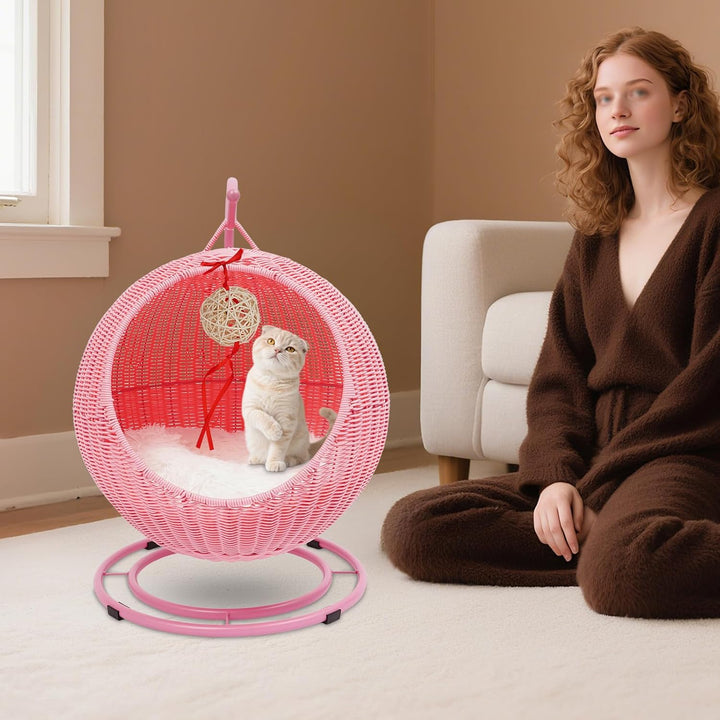 KatzenhäNgematte,Rattan äHnliche HäNgekorb-KatzenhöHle, Freistehend, Gelb Braun Rosa 7,5 Kg Lasten K