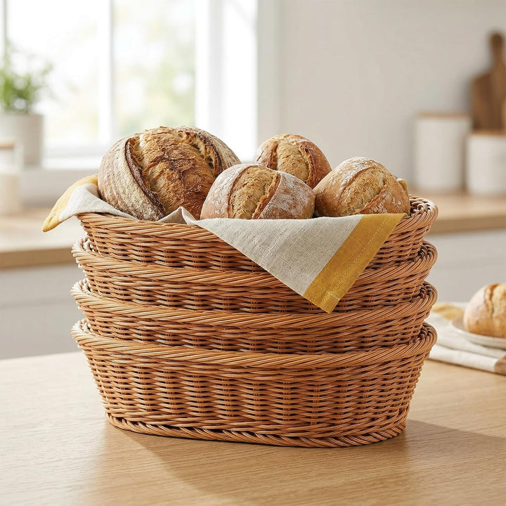 MUKSEUT 4 Stück Brotkorb Geflochten Oval, 30x20x7cm Brotkörbchen Ovaler Korb Geflochten Obstkorb, Ku